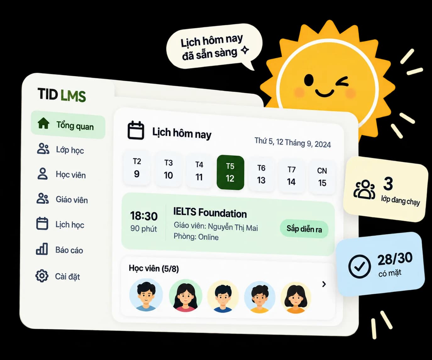 Giao diện TID LMS với lịch học, sĩ số và trợ lý Sunny
